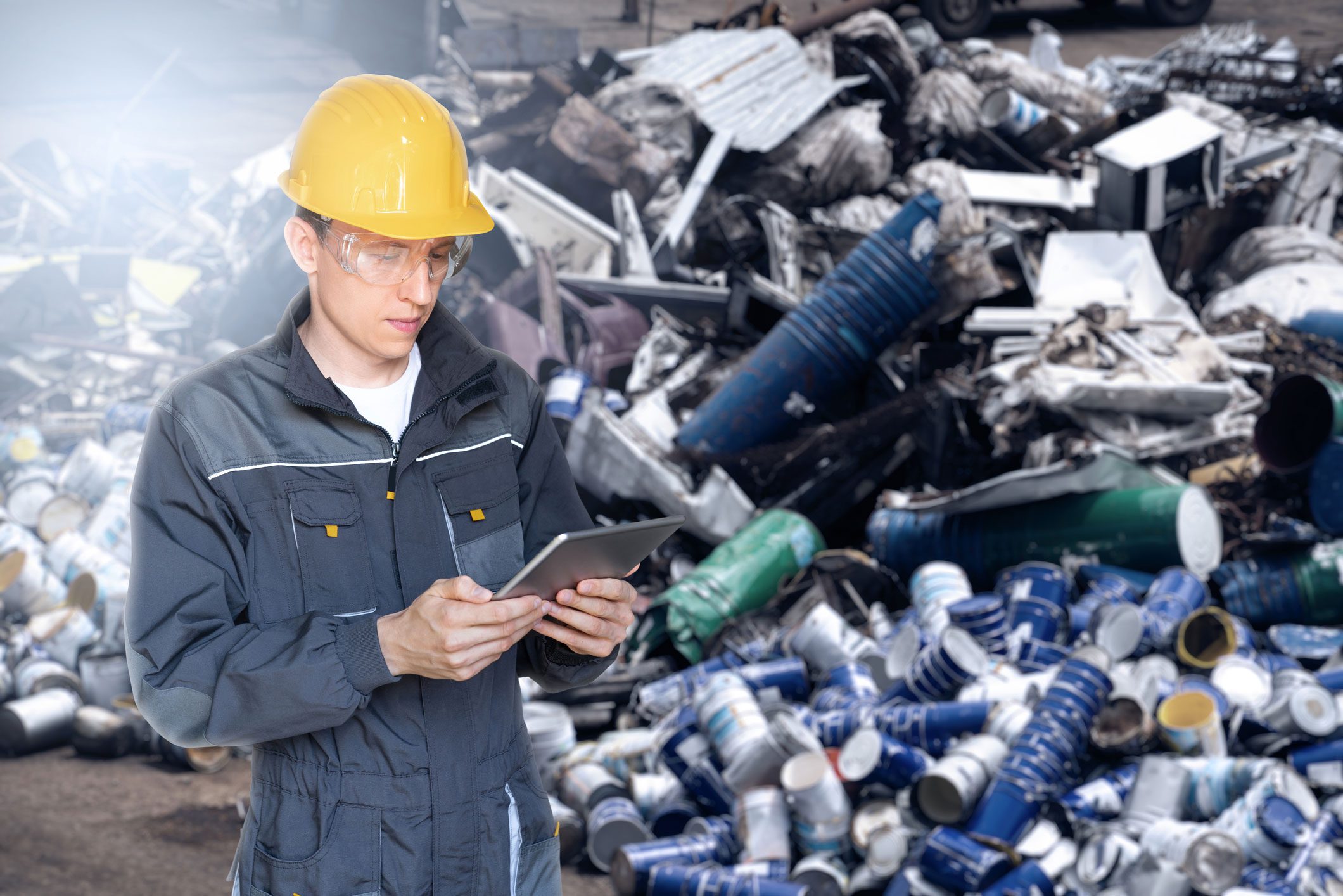 A worker with a digital tablet at a waste recycling plant.